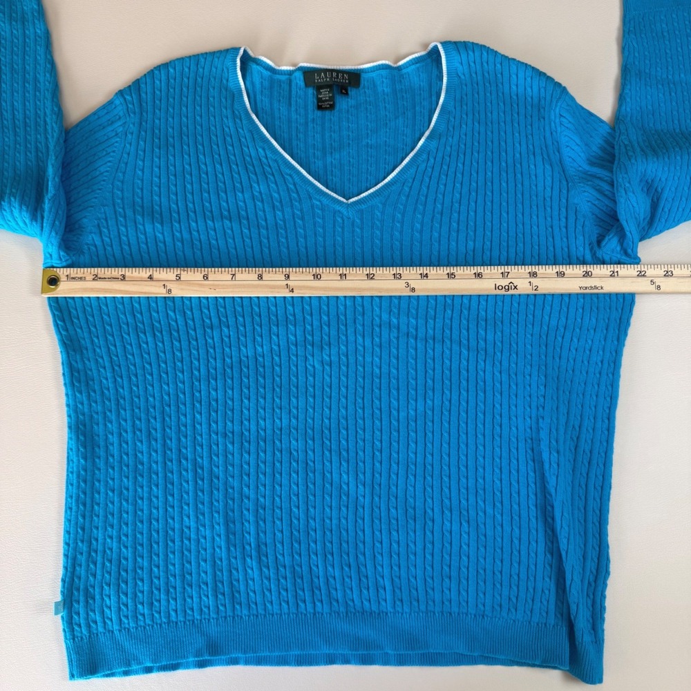 Lauren Ralph Lauren Blue Cable Knit V-Neck Sweater XL Preppy Coastal Grandmother - Picture 8 of 8